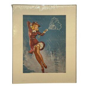 1940s Pin-Up Girl Print Lithograph By Gil ELVGREN NOS Sealed Caught In The Draft